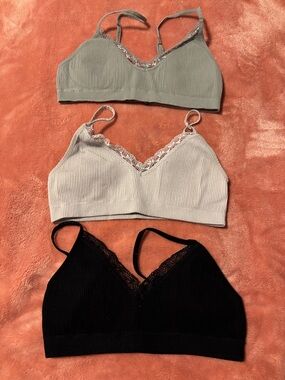 Aeropostale 3-Pack Ribbed Lace Bralettes - Black, White, Sage Green
